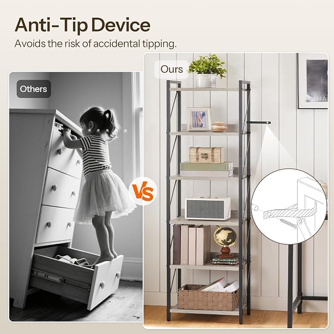 HOOBRO Bookshelf, 6-Tier Industrial Bookcase, Book Shelf Storage Organizer - Image 7