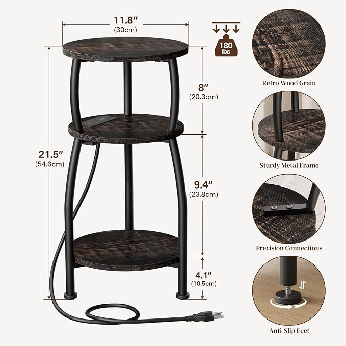 Round Side Table with Power Outlet & USB Ports, 3-Tier End Table with Storage - Image 3