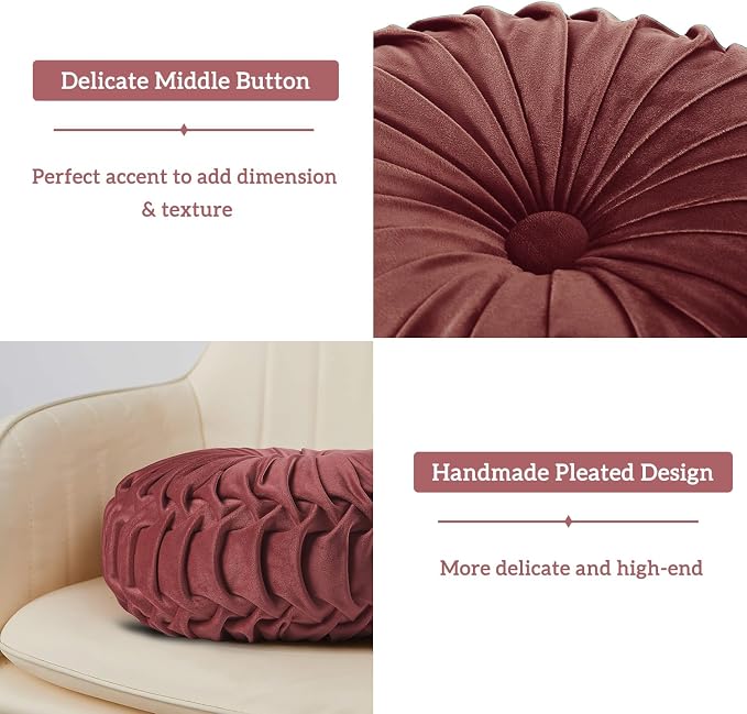 HIG Set of 2 Dusty Rose Velvet Decorative Round Pleated Throw Pillows | Vintage - Image 3