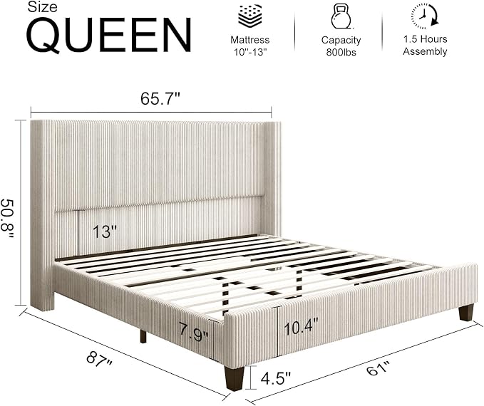 HOWE Queen Size Bed Frame with 50.8" Tall Wingback Headboard, Modern Corduroy - Image 2