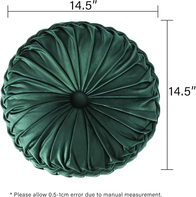 HIG Set of 2 Emerald Velvet Decorative Round Pleated Throw Pillows | Vintage - Image 4