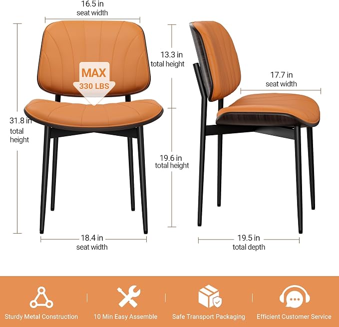 REONEY Dining Chairs Set of 2, Mid-Century Modern Upholstered PU Leather Chairs - Image 2