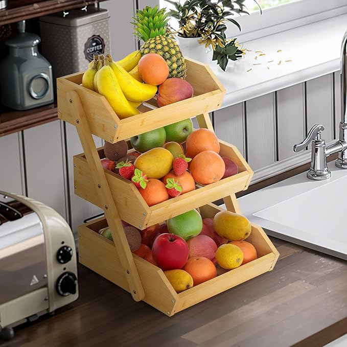Merysen Large 3 Tier Bamboo Fruit Basket Stand - Image 2