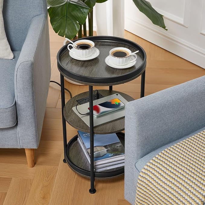 Dulcii Round Side Table with Charging Station, End Table with 3 Shelves - Image 4