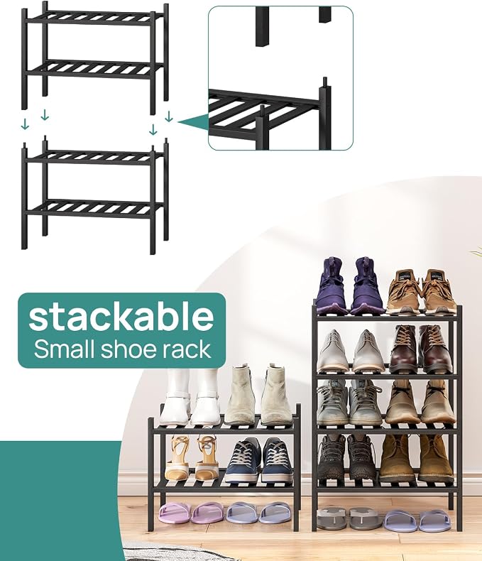 viewcare Black Small Shoe Rack for Entryway, 4-Tier Bamboo Shoe Organizer for - Image 4