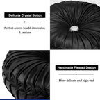 HIG Set of 2 Black Metallic Leather Decorative Round Pleated Throw Pillows | - Image 4