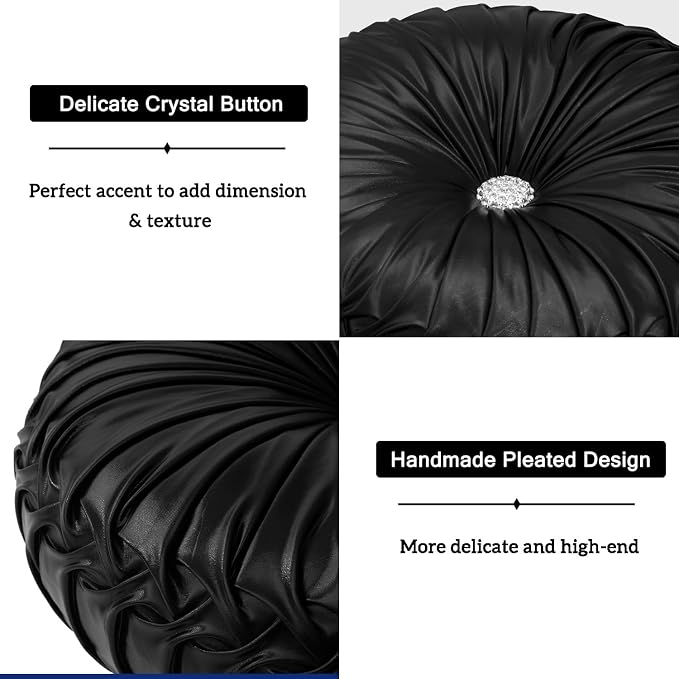 HIG Set of 2 Black Metallic Leather Decorative Round Pleated Throw Pillows | - Image 4