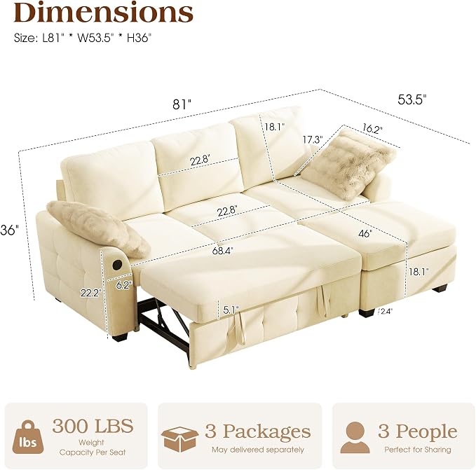 Ihanherry Modular Convertible Sectional Sofa Bed, Reversible Chaise & Storage - Image 2