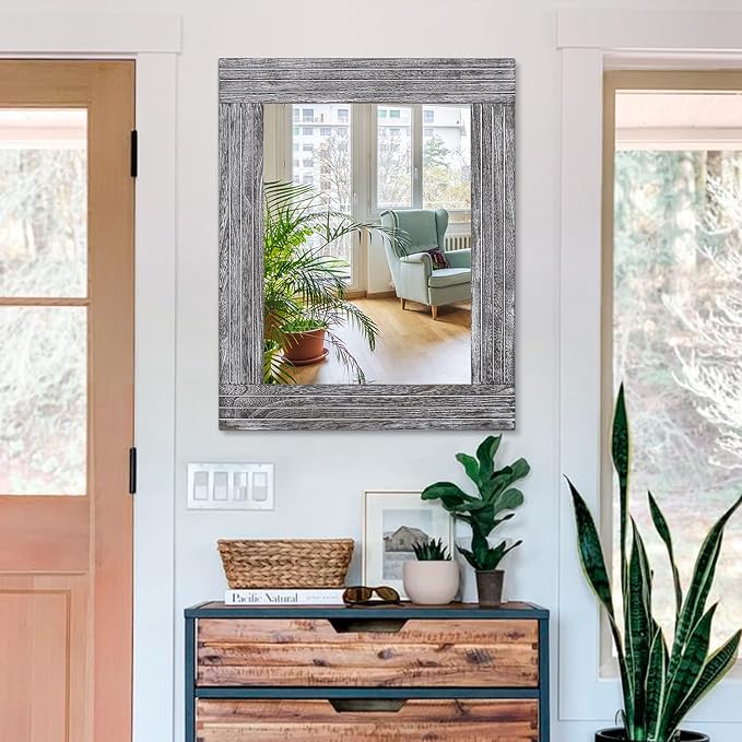 Wall Mirror Rustic Wooden Frame Rectangle Mirror Vintage Hanging Mirror - Image 3