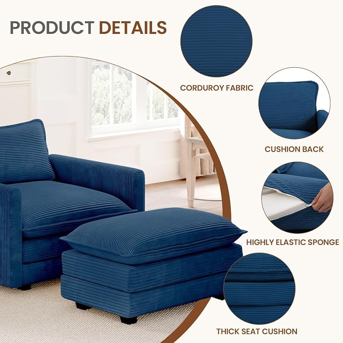 ROWHY Single Armchair with Ottoman, Modern Corduroy Cloud Couch with - Image 3