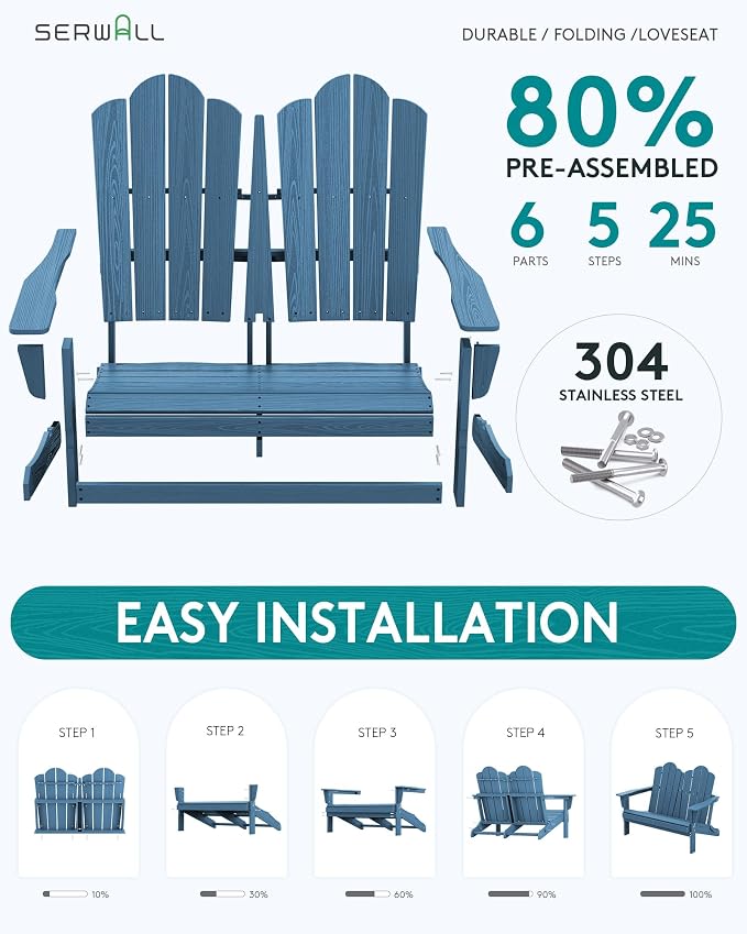 SERWALL 3 Pieces Patio Adirondack Bench Set, 2 Folding Adirondack Bench and 1 - Image 8