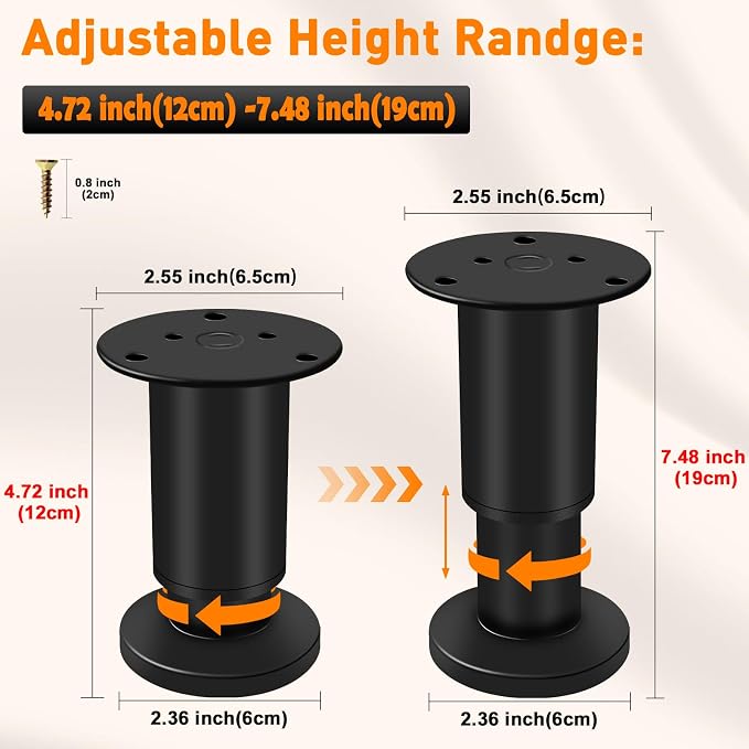 4 Pcs Adjustable Height Furniture Support Legs 4.72-7.48 inch, Metal Adjustable - Image 2