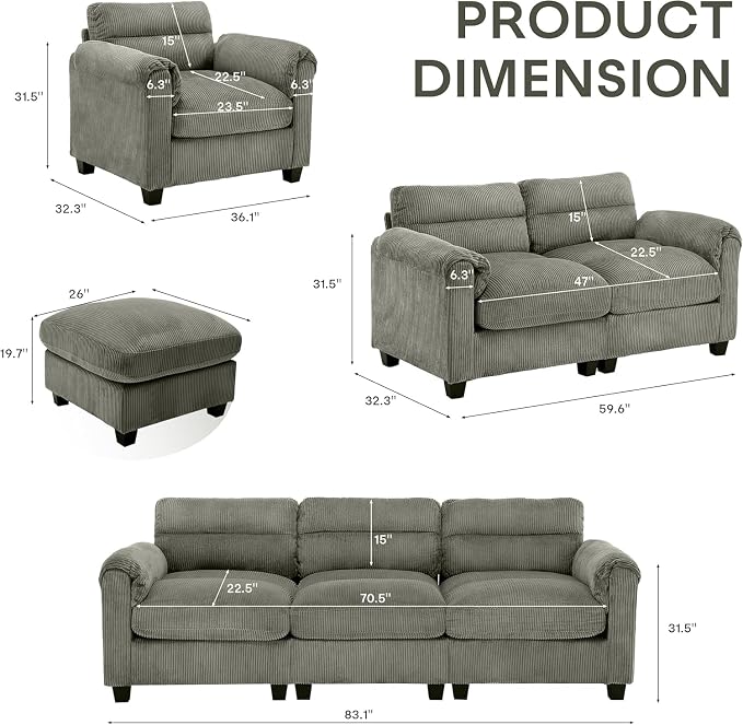 HAOMARKETS Corduroy Sofa Set, Upholstered Armchair and Loveseat Sofa Set of 2 - Image 2