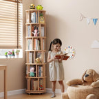 Muwuele Solid Wood Rotating Bookshelf on Wheels, 6 Tier, Round Revolving - Image 3