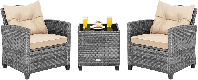 COSTWAY 3PCS Patio Furniture Set, PE Rattan Wicker Sofa w/Washable Cushion and by COSTWAY