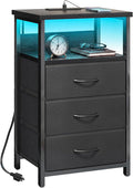 Fixwal Night Stand with 3 Fabric Storage Drawers, LED Nightstand with Charging by Fixwal