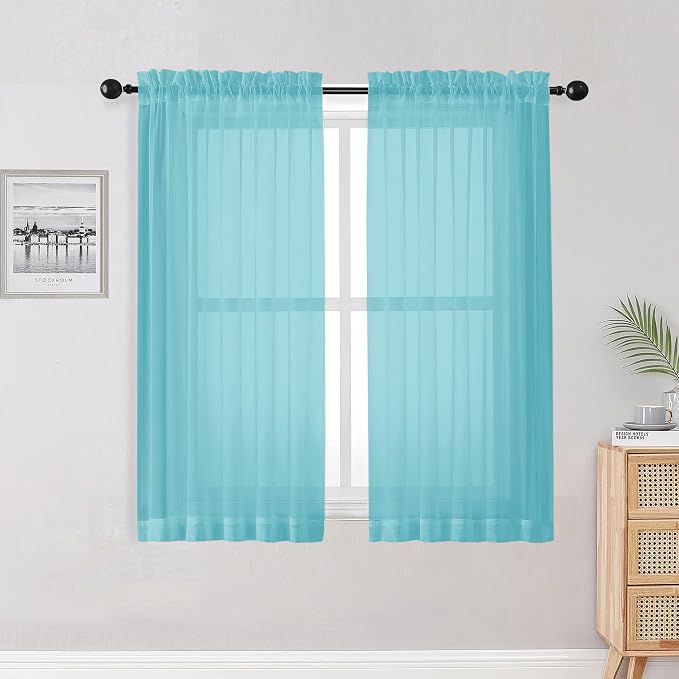 Aqua Sheer Curtains for Bedroom Living Room 54 Inch Length 2 Panels Set by OWENIE