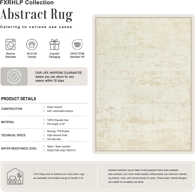 5x8 Area Rug Living Room: Modern Washable Indoor Soft Carpet Beige | - Image 2
