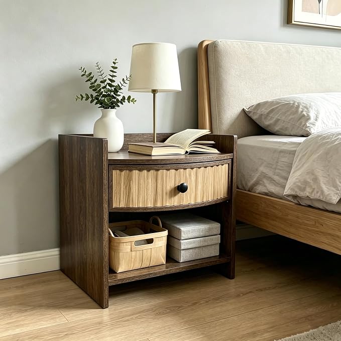 Wooden Nightstand with Drawer and Open Storage Shelf, Curved Front Bedside Table by Unknown