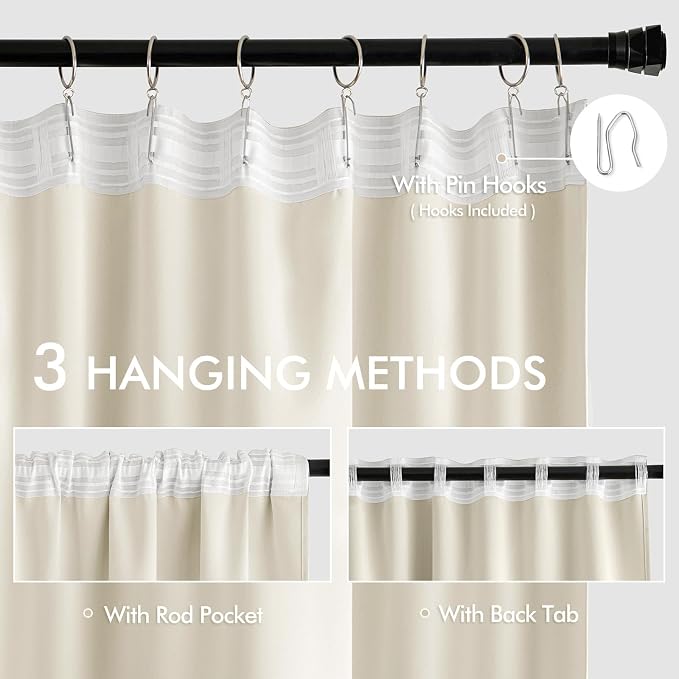 MIULEE Beige White Back Tab Blackout Curtains 52x72 Inches Long 2 Panel Set | - Image 3