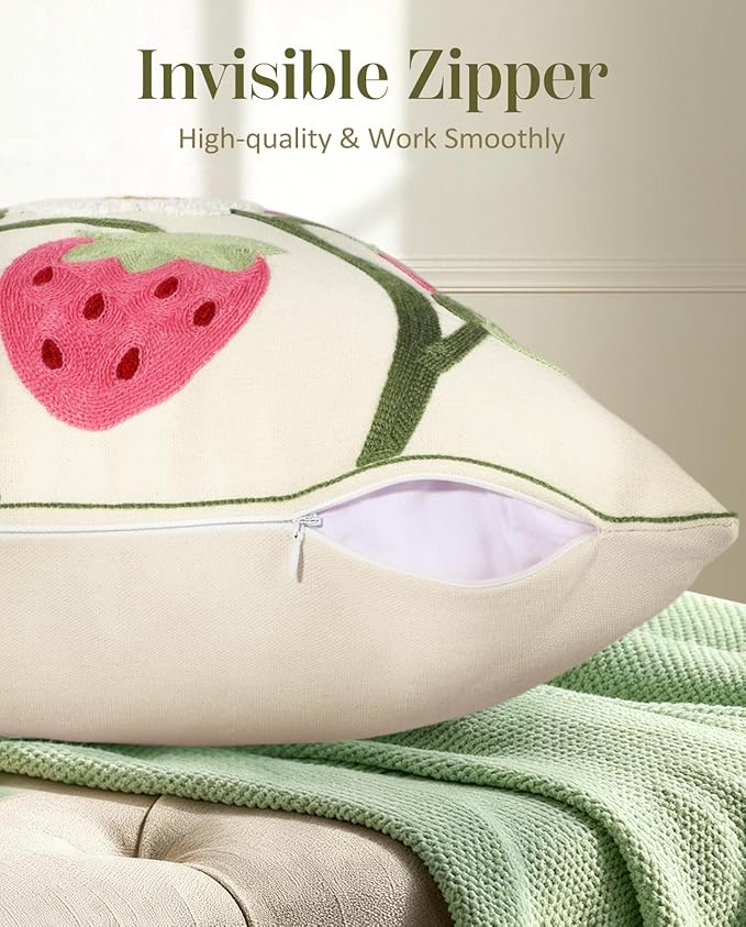 Embroidered Throw Pillow Cover 18x18 Inch, Branch Strawberry | Decorative - Image 3