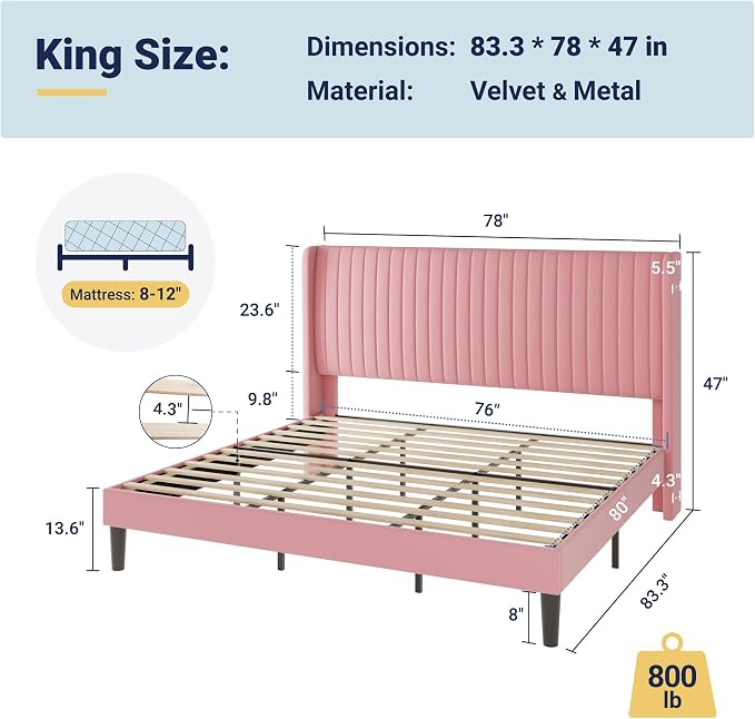 Allewie King Size Velvet Bed Frame/Vertical Channel Tufted Wingback - Image 2