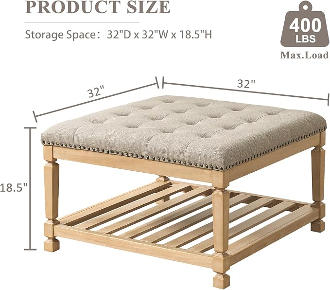 Befurtori Large Square Ottoman Coffee Table, Linen Solid Upholstered Footrest - Image 2