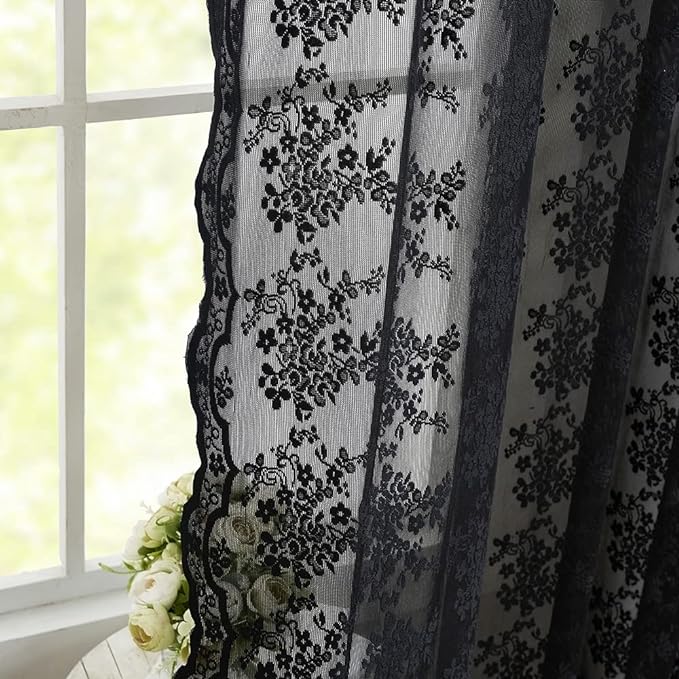 YJ YANJUN Vintage Lace Curtains 63 Inch Length-Victorian Floral Pattern Black - Image 4