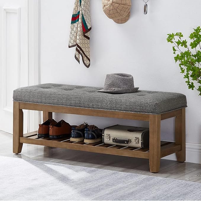 24KF Large Rectangular Upholstered Tufted Linen Fabric Ottoman Bench, Padded - Image 3