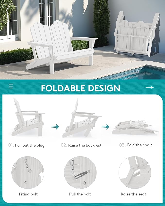 SERWALL Folding Adirondack Bench, HDPE All-Weather Adirondack Loveseat - Image 6