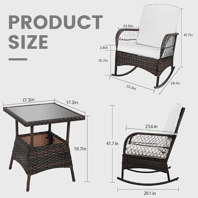 LEVELEVE 3pcs Modern PE Wicker Outdoor Rocking Chairs & Glass Table Set - Image 2