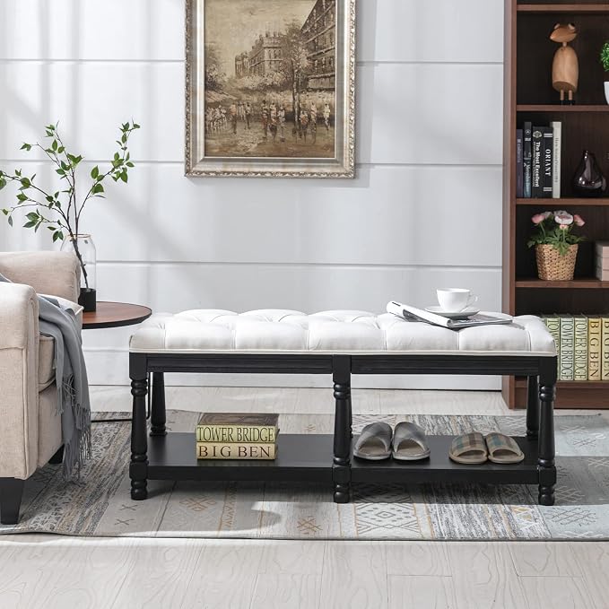 Farmhouse Storage Bench Wooden Entryway Linen Upholstered Ottoman Button Tufted - Image 4