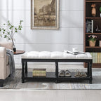 Farmhouse Storage Bench Wooden Entryway Linen Upholstered Ottoman Button Tufted - Image 4