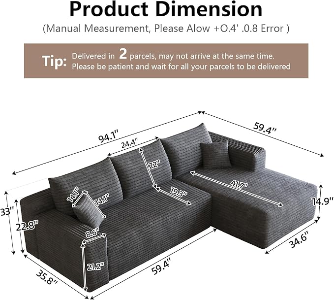 95" Cloud Sectional Couch with L-Shape Chaise, Modular Comfy Sofa Chaise Longue - Image 2