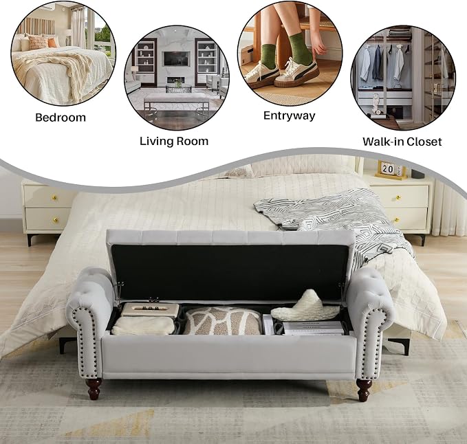 SOFTHION 58.1" Storage Bench Upholstered Velvet End of Bedroom Bed Bench Ottoman - Image 6