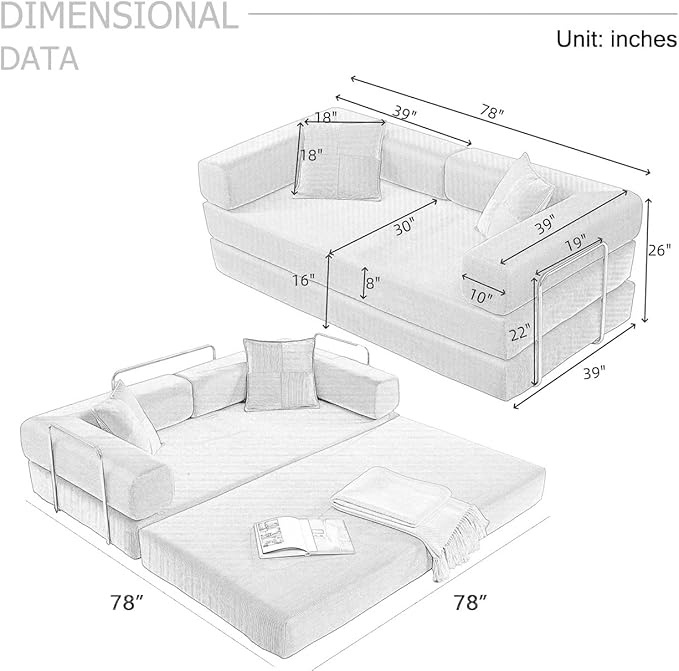4-in-1 Folding Convertible Sofa Bed, 78 Inch Oversized Corduroy Upholstered - Image 2