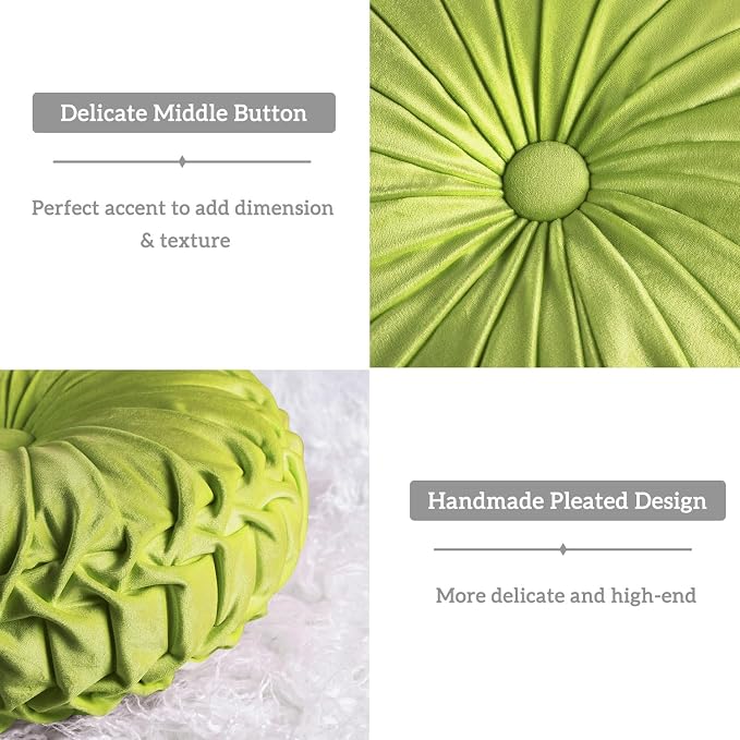 HIG Set of 2 Apple Green Velvet Decorative Round Pleated Throw Pillows | - Image 3