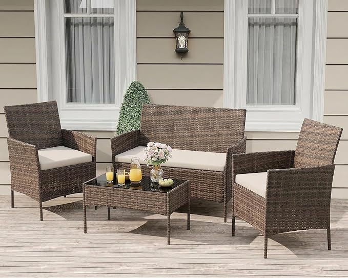 4-Piece Outdoor Furniture Set, PE Rattan Wicker Chairs - Image 8