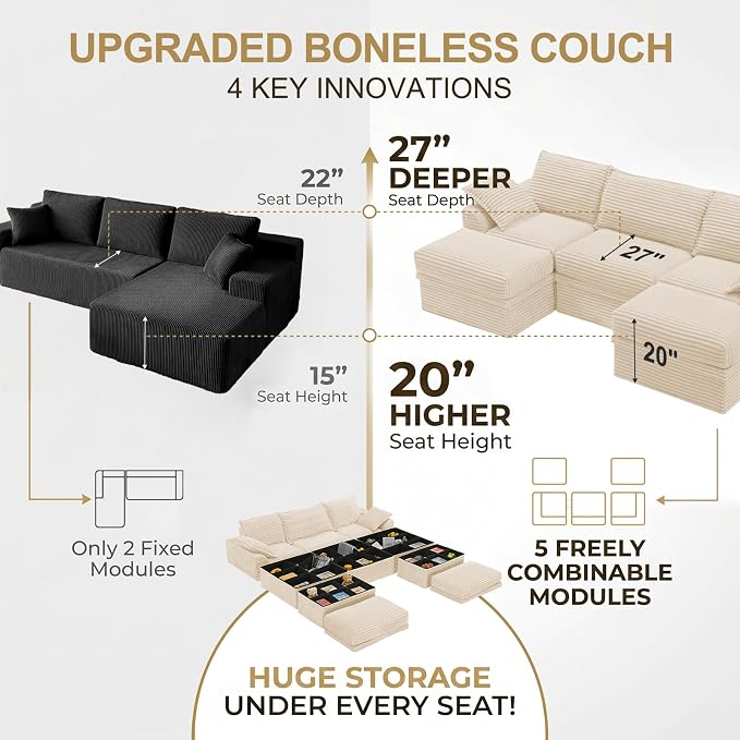 Upgrade Boneless Couch with Storage, Extra Deep&High Seat Modular Sectional - Image 6