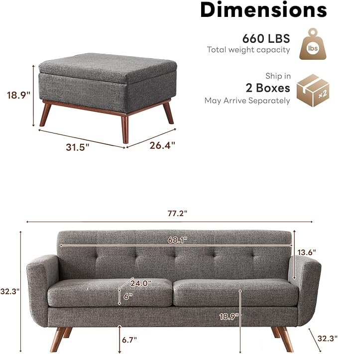 Tbfit Mid Century Modern Sofa Couch, Standard Sofa & Ottoman | linen fabric - Image 2