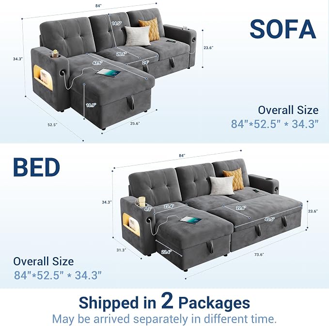 GarveeHome 84 Inch Sleeper Sofa Bed, L-Shaped Sofa, Convertible Pull Out Couch - Image 2