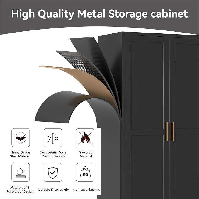Bevivog Black Tall Bathroom Storage Cabinet, Metal Storage Cabinet - Image 4