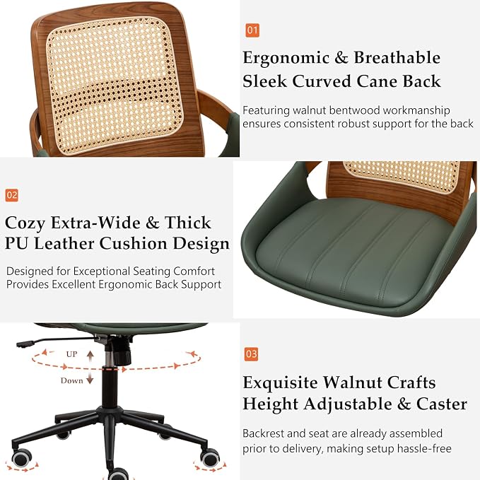 Home Office Desk Chair with Ergonomic Rattan Backrest, Walnut Crafts, Curved - Image 3