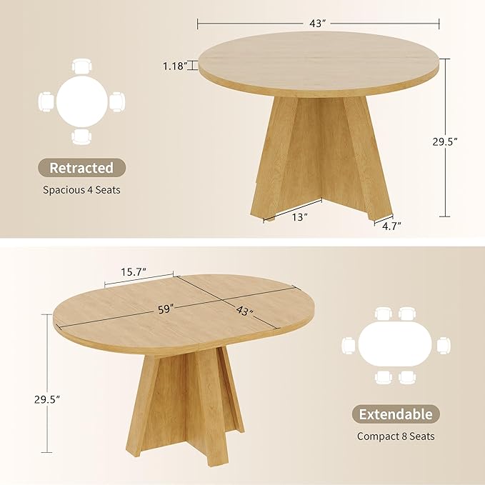 iPormis 43.3in-59in Extendable Round Dining Table - Image 2