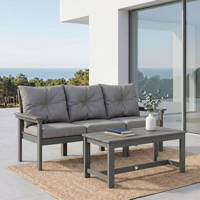 HDPE 3 Piece Patio Furniture Set, All-Weather Outdoor Couch Set - Image 3