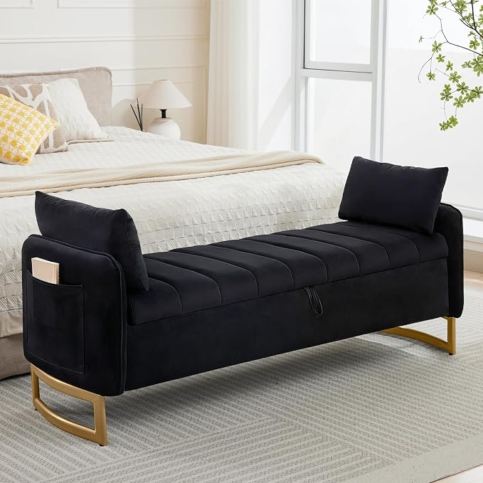 66" End of Bed Storage Bench King Size, Velvet Storage Benches by Aemeios