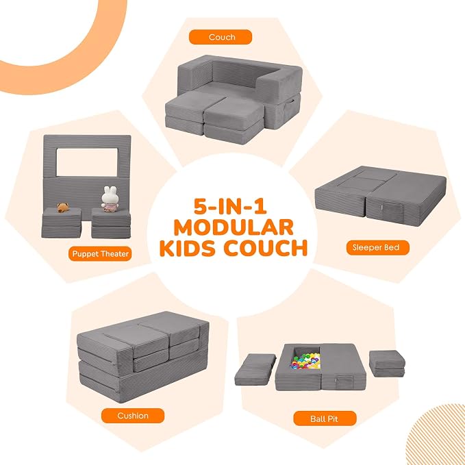 MeMoreCool Modular Kids Couch – Light Grey Foam Play Sofa Bed Convertible - Image 4