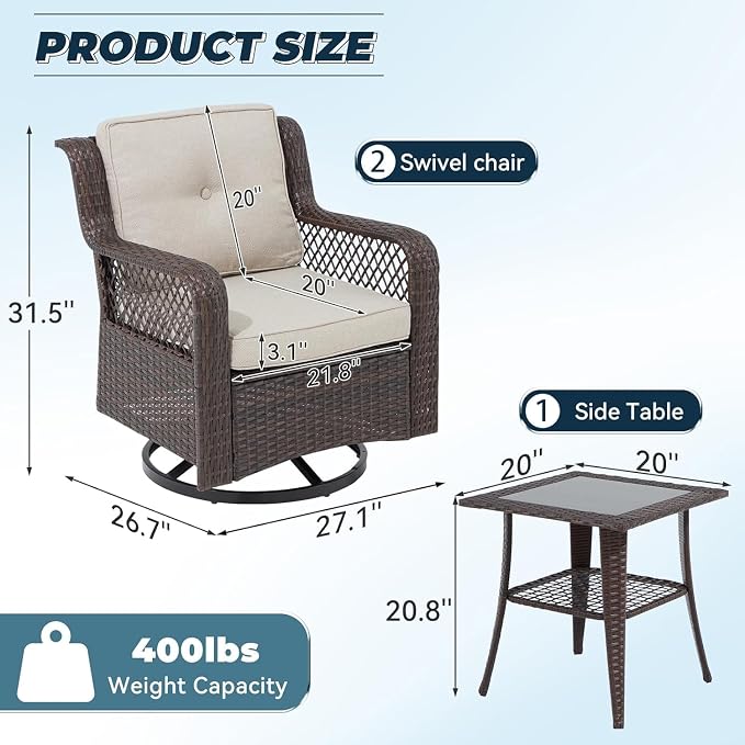 3 Pieces Patio Swivel Chairs, Wicker Patio Conversation Sets - Image 3