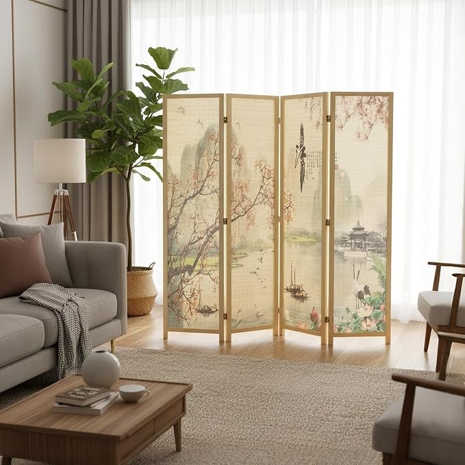 MyGift 4-Panel Folding Bamboo Room Divider Asian-Inspired Cherry Blossom Scene - Image 5