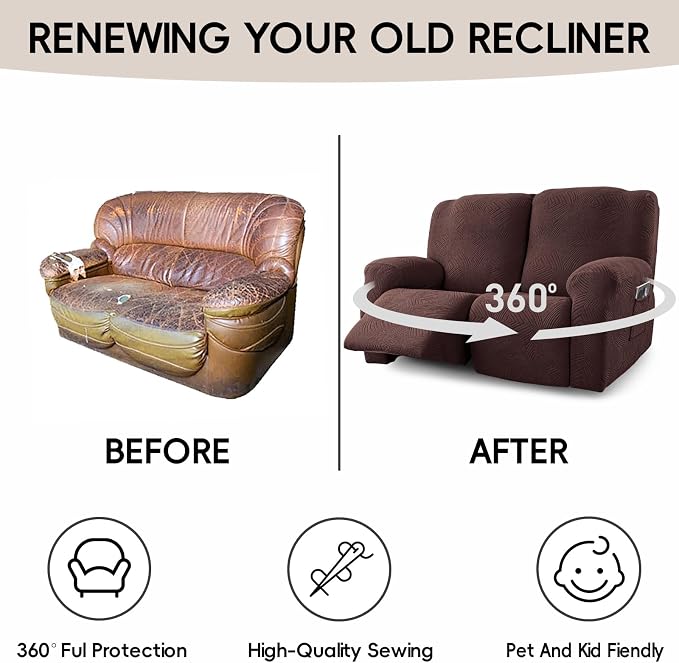 Recliner Loveseat Covers, 4-Piece Stretch Geometric Strokes Jacquard Reclining - Image 6